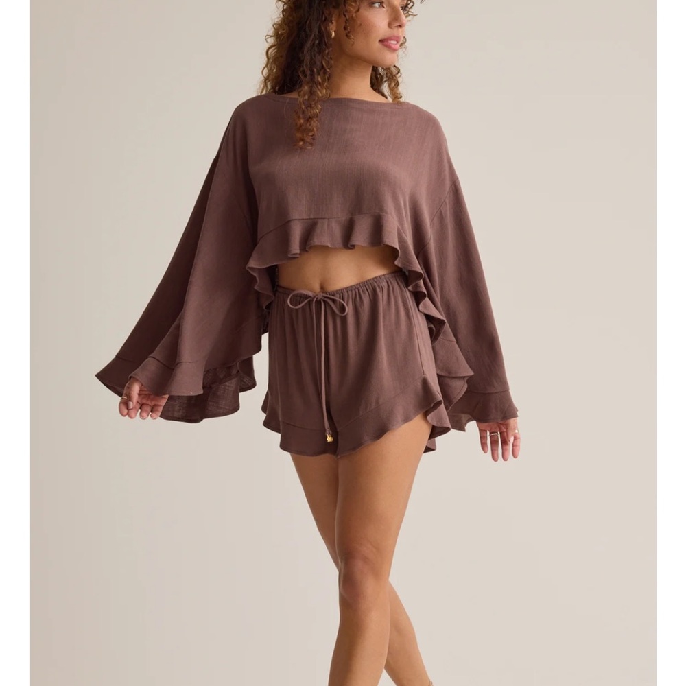 Kayleigh Ruffled Flowy Top and Shorts- Two-piece Set- Brown